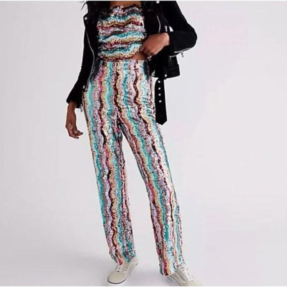 NWOT Free People Disco Flare Pants Multicolor Sequin Size 4 - Picture 1 of 8